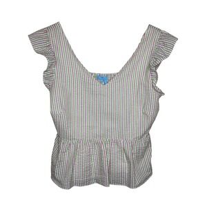 Draper James RSVP Striped Seersucker Peplum Top Women's Size L Pink Green V-Neck
